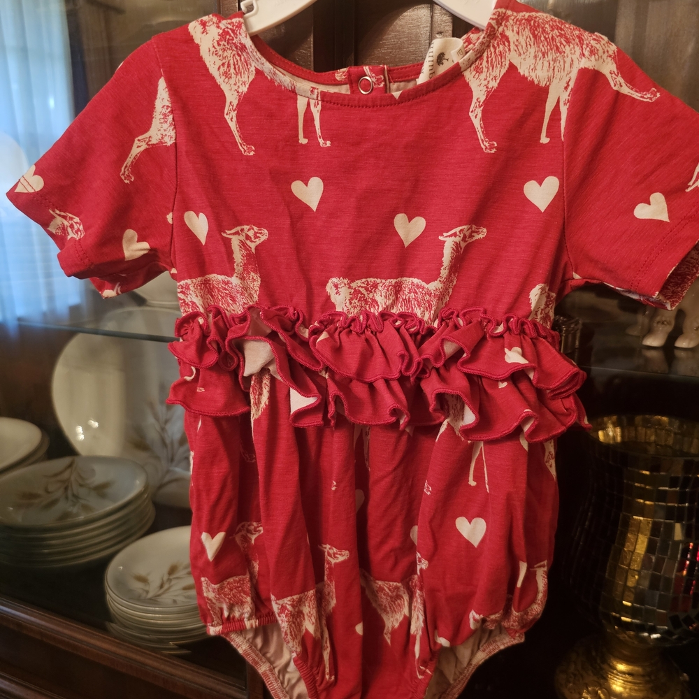 Kate Quinn Red Romper with Llama and Heart Design